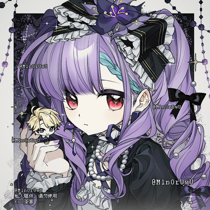 1girl, animated, animated_gif, artist_name, bead_necklace, beads, black_bow, black_shirt, blinking, blue_hair, blunt_bangs, border, bow, braid, character_request, chibi, chibi_inset, commission, curly_hair, earrings, ensemble_stars!, expressionless, frilled_bow, frilled_sleeves, frills, hair_behind_ear, hair_bow, highres, holding_chibi, jewelry, juliet_sleeves, lace, large_bow, long_sleeves, m1n0ruwu, mihuashi_commission, multicolored_hair, narukami_arashi, necklace, oc_x_canon, original, portrait, puffy_sleeves, purple_background, purple_hair, purple_nails, red_eyes, shirt, solo_focus, sparkling_eyes, two-tone_hair, white_border