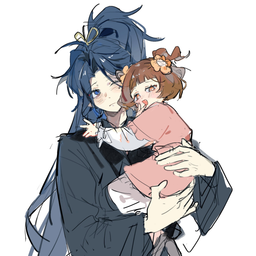 2girls, blue_eyes, blue_hanfu, blush, brown_hair, carrying, carrying_person, chinese_clothes, closed_mouth, dress, hanfu, high_ponytail, highres, jingshenhuanghu, limbus_company, lin_daiyu_(project_moon), long_hair, long_sleeves, medium_hair, multiple_girls, one_eye_closed, open_mouth, parted_bangs, pink_dress, ponytail, project_moon, siblings, simple_background, sisters, smile, two_side_up, very_long_hair, white_background, wide_sleeves, xue_baochai_(project_moon)