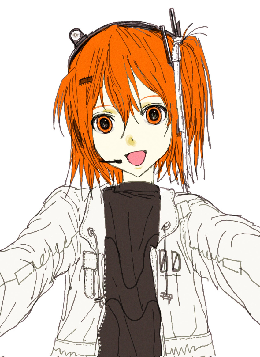 1girl, a.i._voice, adachi_rei, black_shirt, hair_ribbon, head_tilt, headlamp, headset