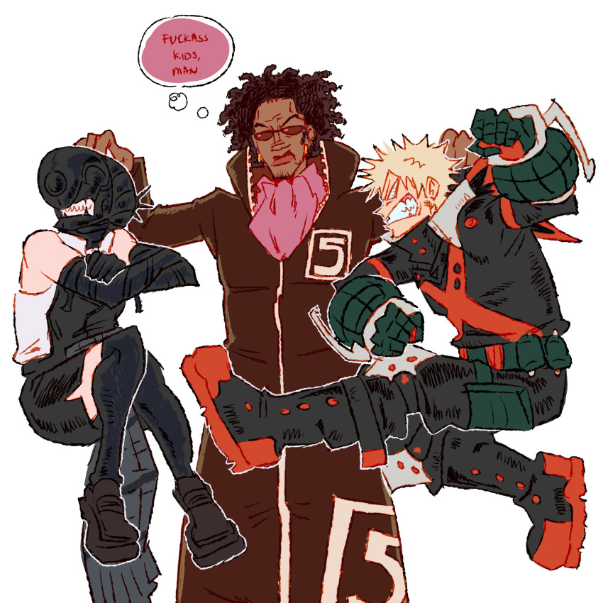 1girl, 2boys, angry, ascot, bakugou_katsuki, bare_shoulders, black_coat, boku_no_hero_academia, bomb_devil_(chainsaw_man), bridal_gauntlets, chainsaw_man, clenched_teeth, coat, cowboy_shot, curly_hair, dark-skinned_male, dark_skin, english_commentary, english_text, full-length_zipper, gem_(one_piece), highres, lifting_person, multiple_boys, one_piece, pink_ascot, power_connection, reze_(chainsaw_man), sanjaynocraig, scruffing, simple_background, spiky_hair, sunglasses, superhero_costume, teeth, white_background, zipper