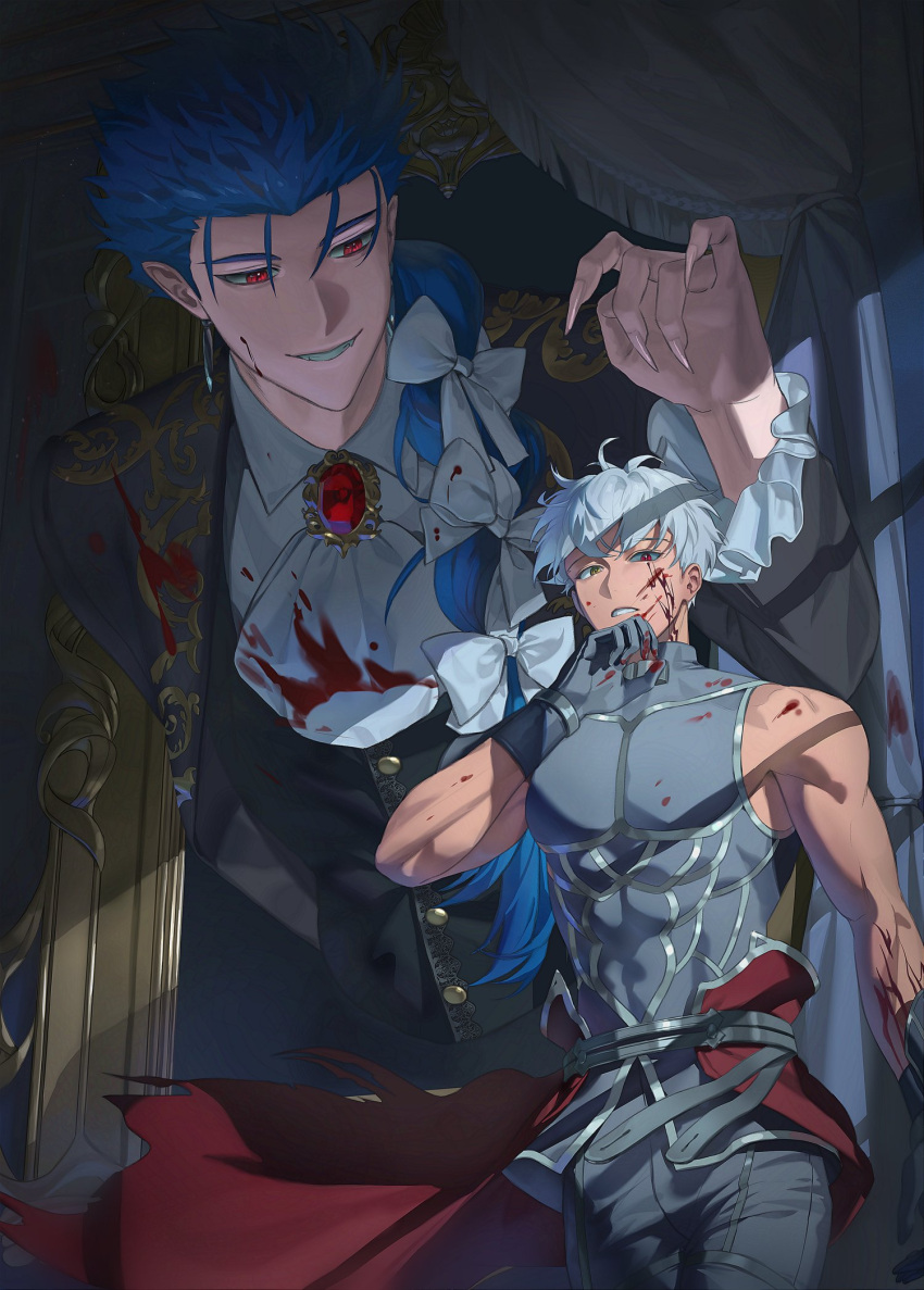 2boys, archer_(fate), archer_alter_(fate), ascot, bare_shoulders, blood, blood_on_face, blue_hair, braid, braided_ponytail, brooch, cu_chulainn_(caster)_(fate), cu_chulainn_(celebratory_attire)_(fate), cu_chulainn_(fate), dark-skinned_male, dark_skin, earrings, fangs, fate/grand_order, fate_(series), fingernails, gloves, hair_over_shoulder, hair_ribbon, heterochromia, highres, jewelry, long_fingernails, long_hair, long_sleeves, male_focus, multiple_boys, open_mouth, red_eyes, ribbon, sharp_fingernails, shirt, short_hair, single_braid, sleeveless, sleeveless_shirt, smile, toned, toned_male, torn_clothes, vampire, waist_cape, white_ascot, white_hair, yag123gwa, yellow_eyes