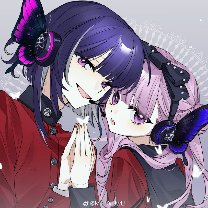 1boy, 1girl, absurdres, blunt_bangs, bow_headband, butterfly_wings, buttons, character_request, check_gender, commission, curly_hair, gakuran, gender_request, gradient_background, hair_over_shoulder, hand_to_hand, headband, headphones, high_collar, highres, insect_wings, looking_at_viewer, m1n0ruwu, magnet_(vocaloid), medium_sidelocks, microphone, mihuashi_commission, multicolored_hair, oc_x_canon, open_mouth, original, pink_eyes, pink_hair, portrait, purple_hair, red_serafuku, red_shirt, school_uniform, serafuku, shirt, short_hair, sidelocks, sleeve_cuffs, streaked_hair, twintails, watermark, weibo_watermark, white_streaks, wings