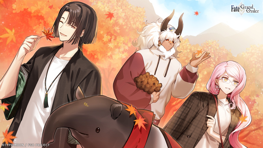 1girl, 2boys, animal_on_head, asterios_(fate), autumn, autumn_leaves, bird, bird_on_head