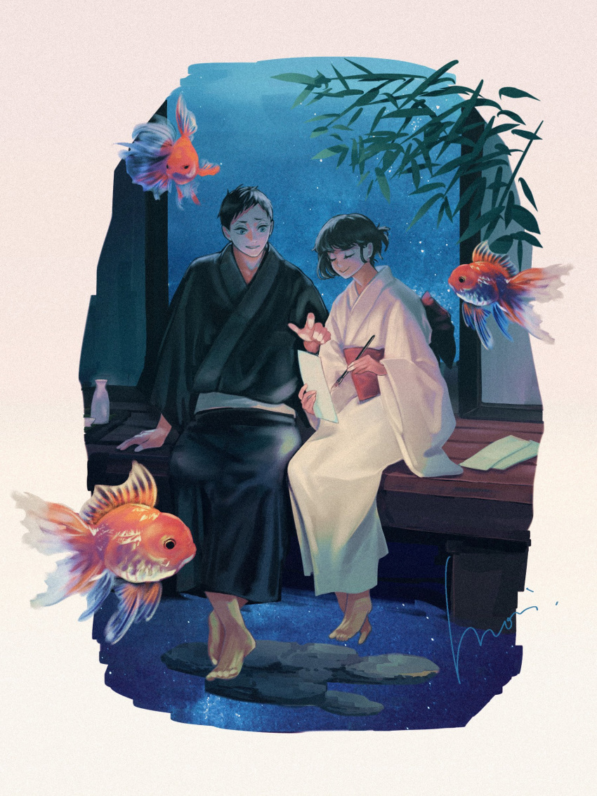 1boy, 1girl, absurdres, architecture, bamboo, bamboo_leaf, black_hair, black_kimono