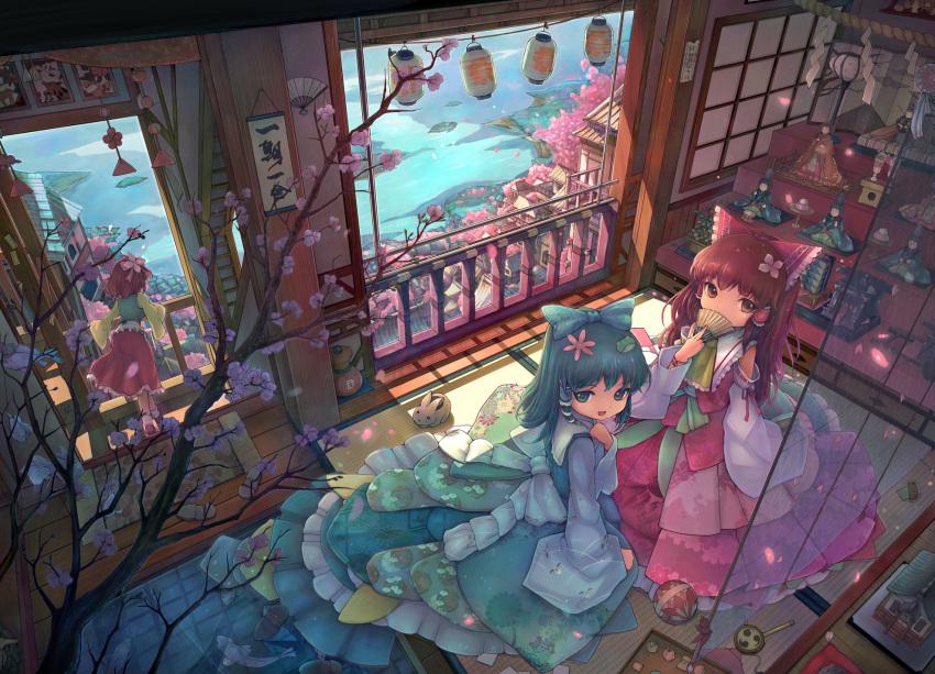 adapted_costume, alternate_costume, ascot, balcony, bow, brown_eyes, brown_hair, bunny