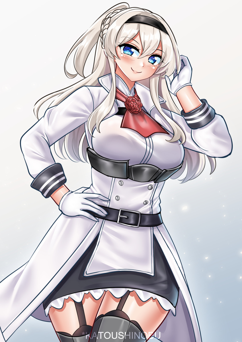 1girl, absurdres, belt, black_belt, black_hairband, black_skirt, blue_eyes, blush