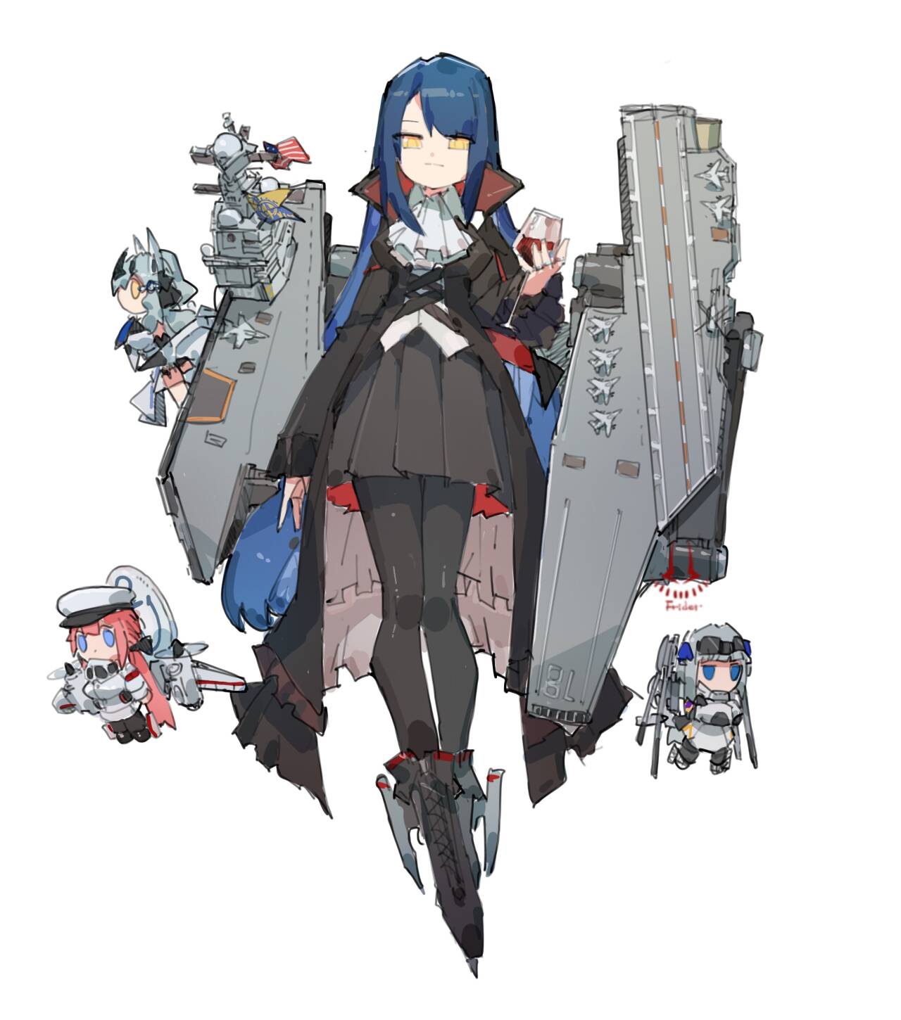 aircraft_carrier, american_flag, ascot, black_pantyhose, blue_hair, chibi, chibi_inset, cup