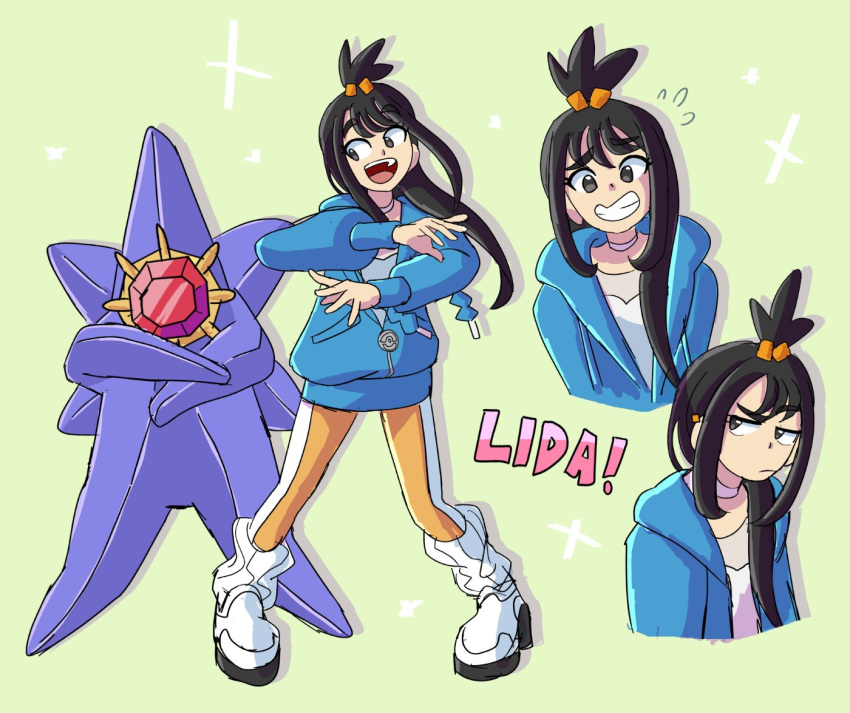 1girl, black_hair, blue_hoodie, choker, closed_mouth, colored_skin, crossed_arms, cube_hair_ornament