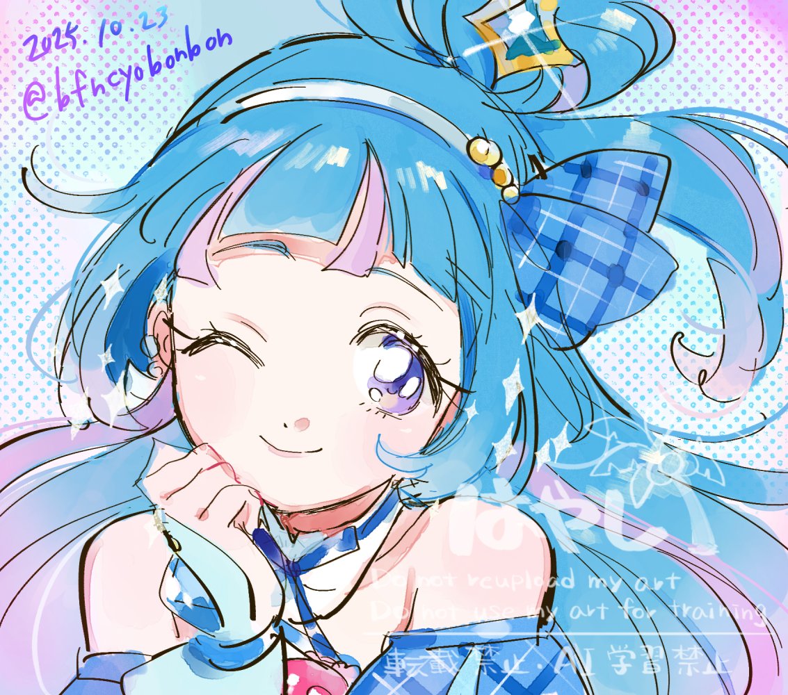 1girl, aokaze_nana, artist_name, bare_shoulders, blue_eyes, blue_hair, cure_wink, dated