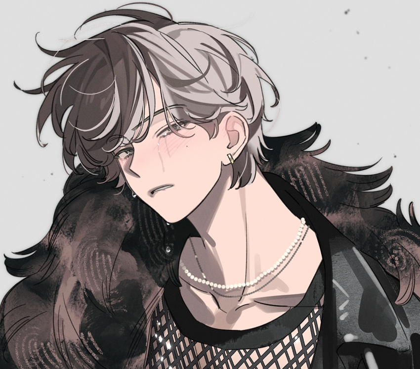 1boy, black_jacket, blush, brown_eyes, brown_hair, crying, crying_with_eyes_open, earrings