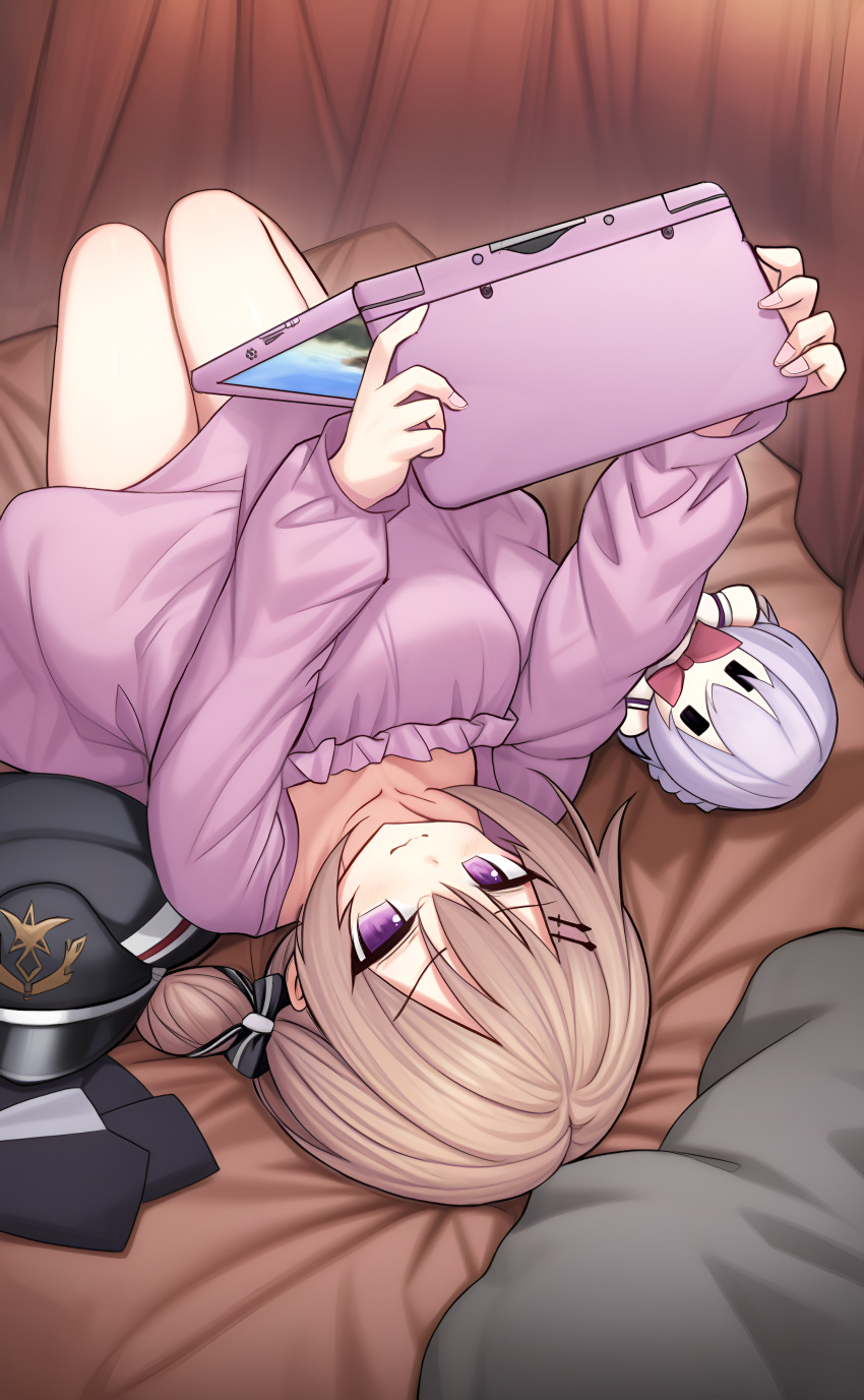 1girl, :3, absurdres, arms_up, asuka_minato, black_bow, blonde_hair, blue_hair