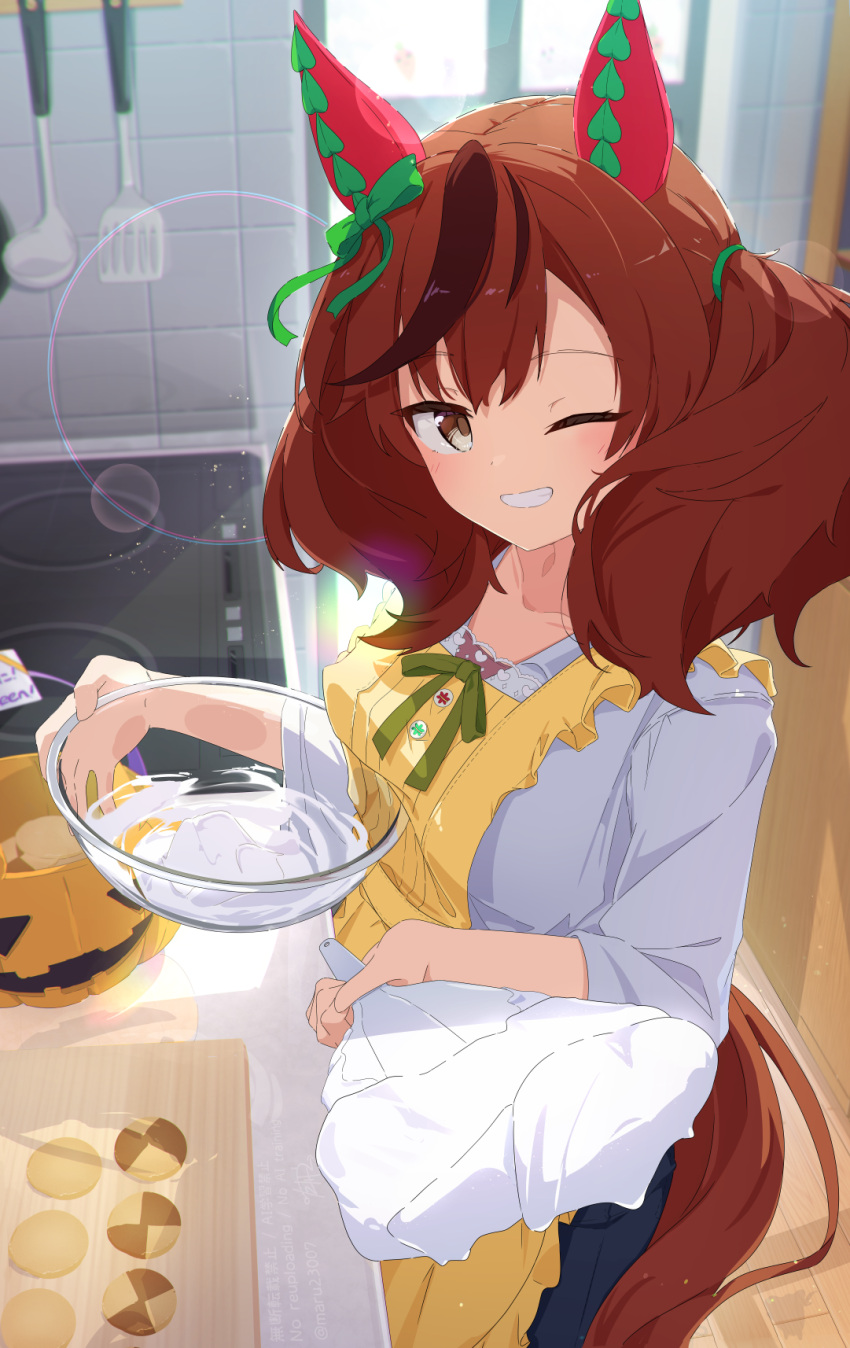 1girl, ;d, animal_ears, apron, bow, bowl, brown_eyes, brown_hair