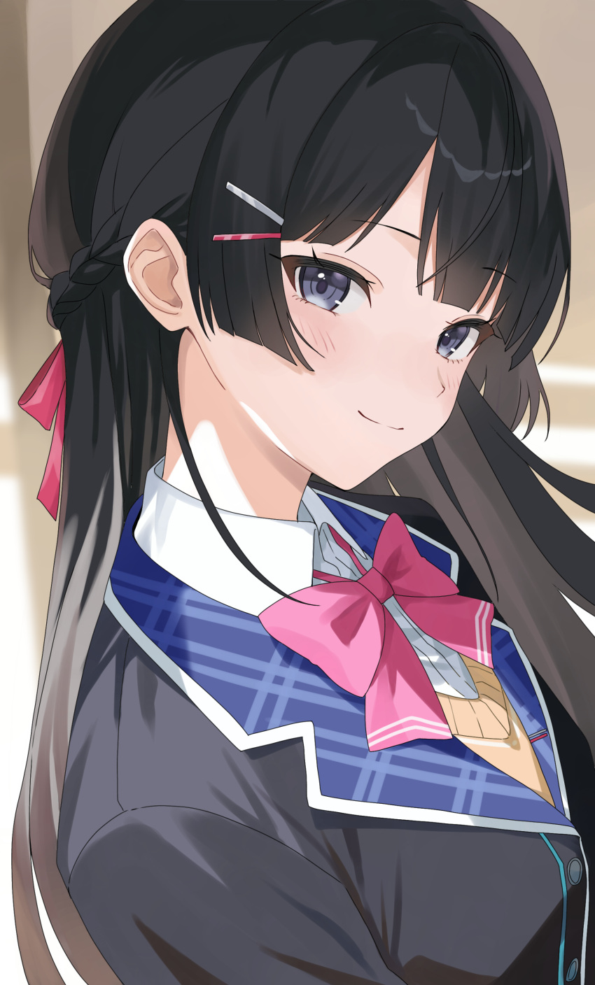 1girl, absurdres, black_hair, black_jacket, blazer, blue_eyes, bow, bowtie