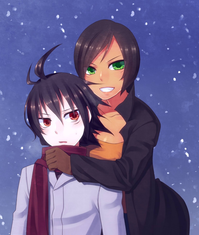 black_hair, blush, brown_hair, cr-s01, dark_skin, gloves, green_eyes, maria_torres