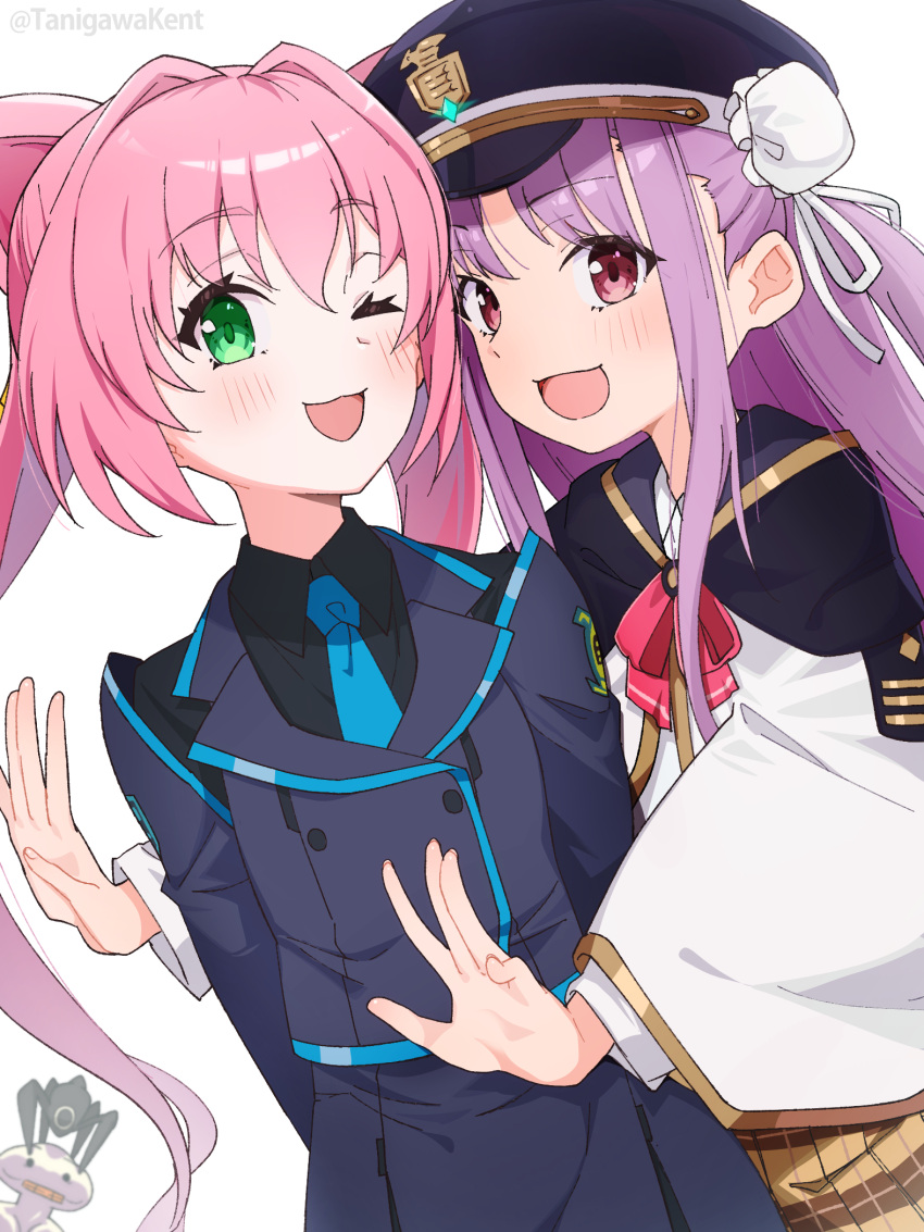 2girls, alien, beta_(muv-luv), black_shirt, blue_necktie, blush, cat_ear-shaped_hair, green_eyes