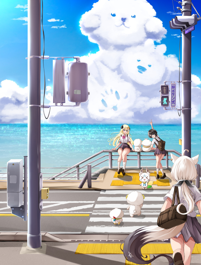 3girls, absurdres, against_railing, ahoge, alternate_costume, animal_ears, arm_up, black_shoes