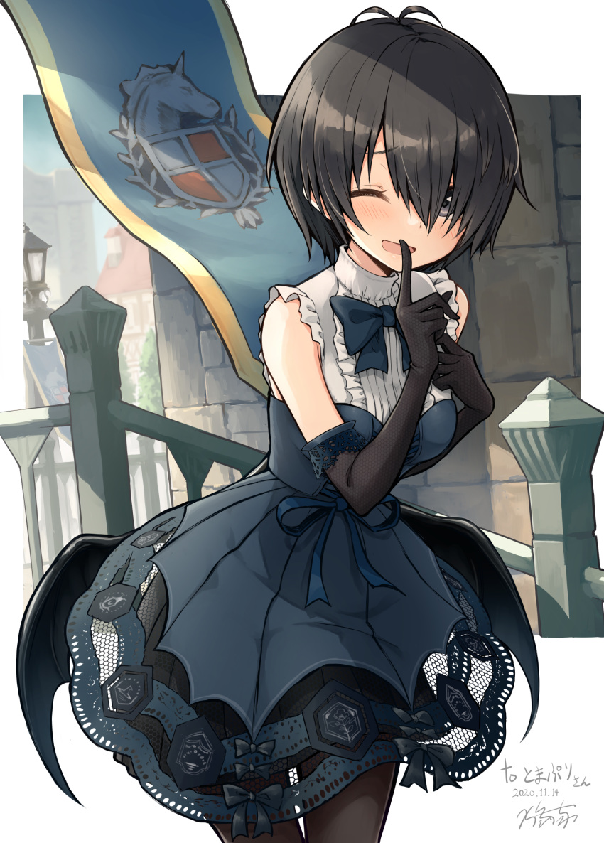1girl, antenna_hair, black_gloves, black_hair, blue_bow, blue_bowtie, bow, bowtie