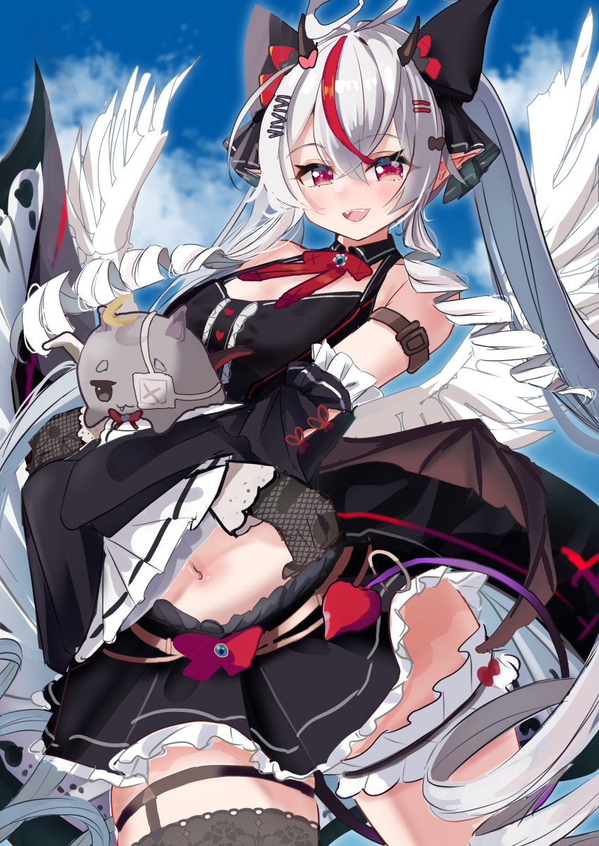 1girl, absurdres, angel, angel_wings, black_shirt, black_skirt, black_sleeves, black_thighhighs