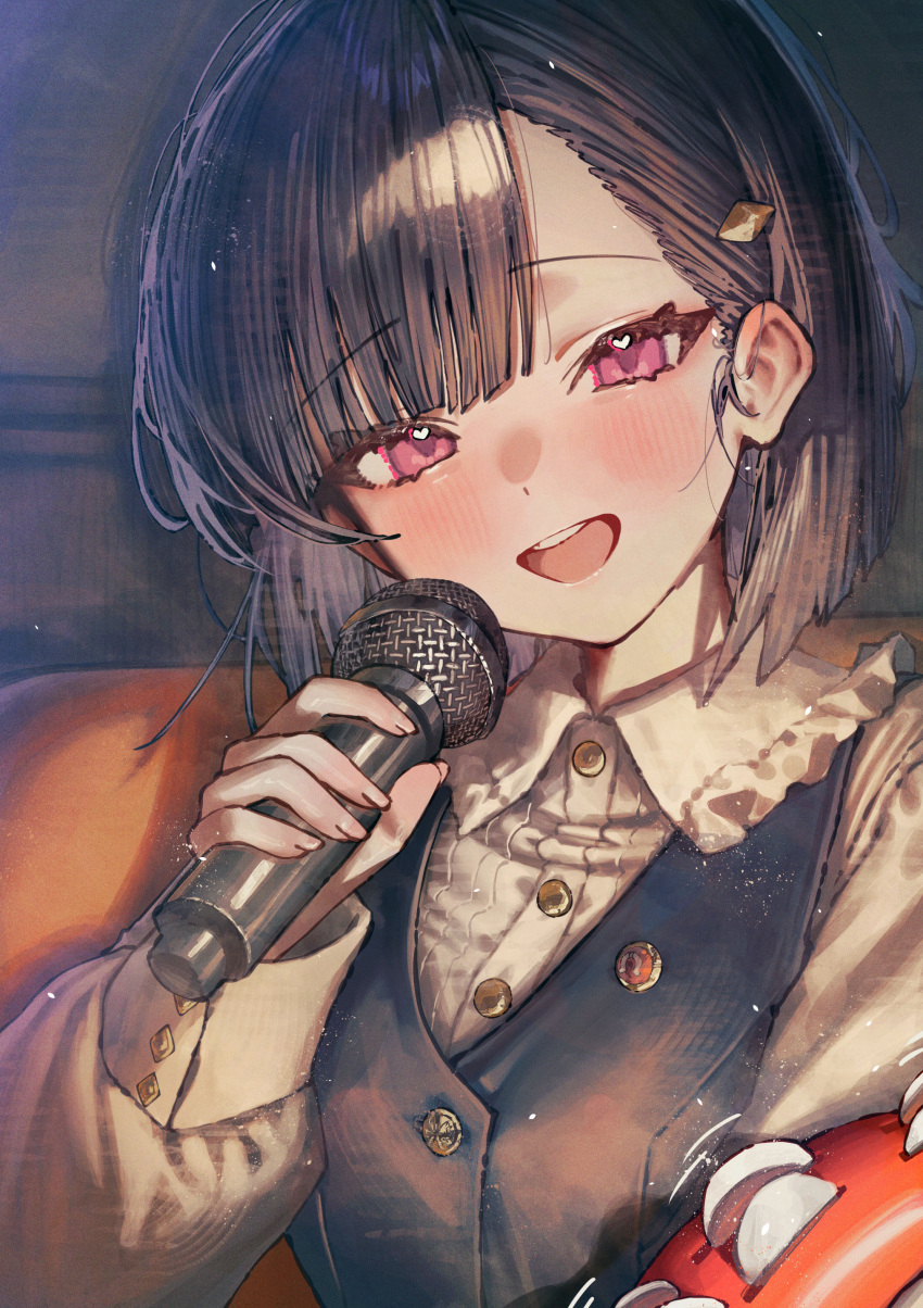 1girl, absurdres, betabeet, black_hair, black_vest, blush, collared_shirt, frilled_shirt