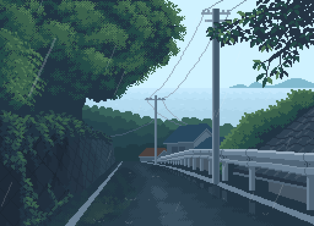 animated, animated_gif, building, grey_sky, horizon, house, mejwh, no_humans, ocean, original, outdoors, pixel_art, plant, power_lines, rain, road, scenery, sky, vines