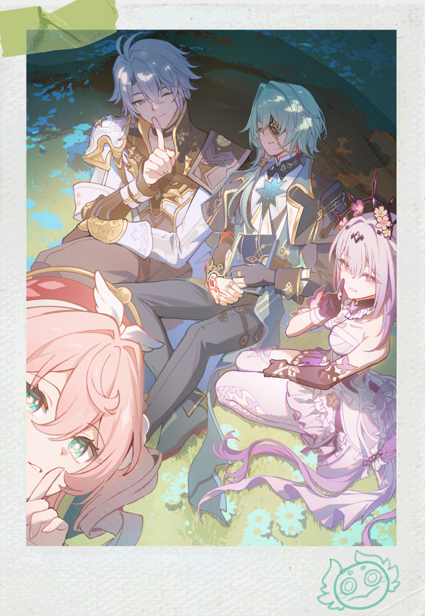 2boys, 2girls, absurdres, anaxa_(honkai:_star_rail), annshiro76, antenna_hair, aqua_eyes, aqua_hair