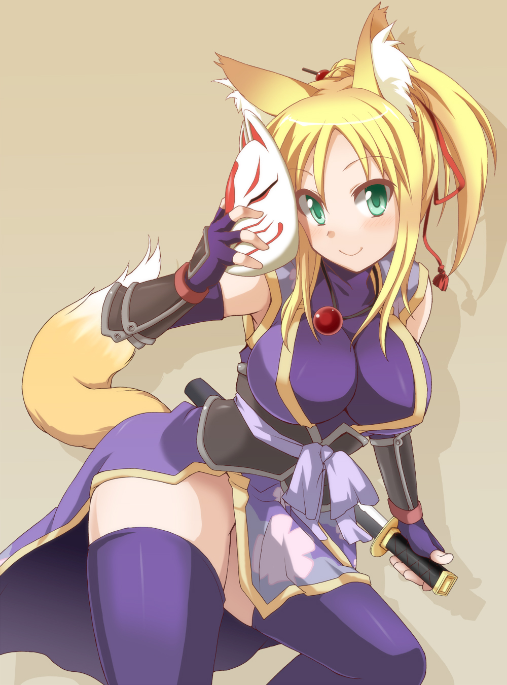 armor, blonde_hair, blue_legwear, blush, dog_days, fox_ears, fox_mask, fox_tail