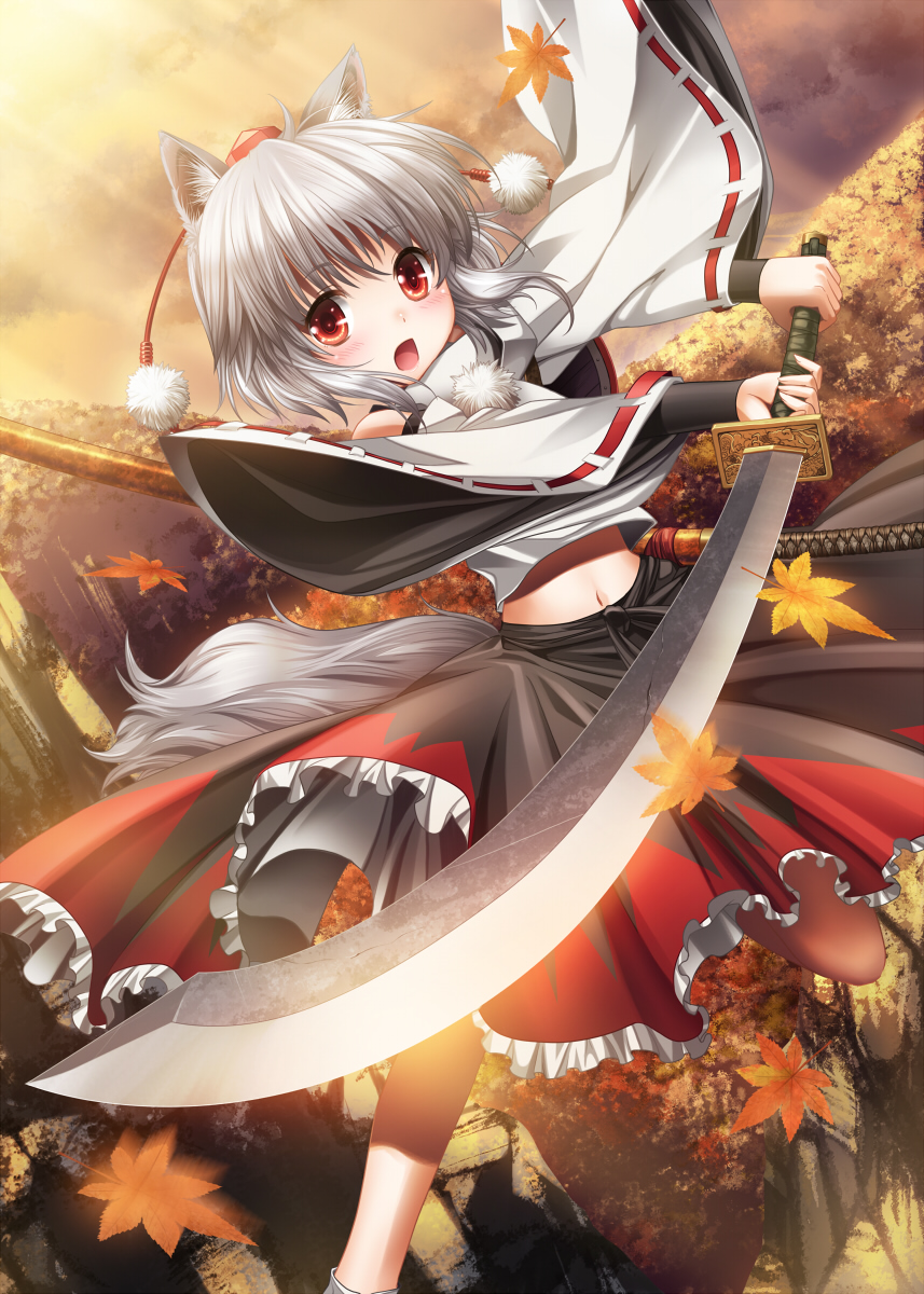 :o, animal_ears, autumn, blush, detached_sleeves, flying, forest, hat