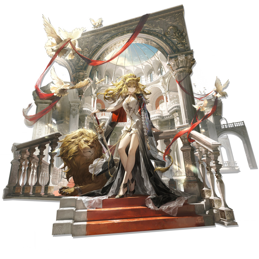 1girl, absurdres, against_railing, animal_ear_fluff, animal_ears, arch, architecture, arknights, bare_legs, bird, black_dress, black_jacket, black_shoes, blonde_hair, breasts, circlet, closed_mouth, collarbone, cropped_jacket, dome, dove, dress, flying, frilled_skirt, frills, full_body, gawain_(arknights), gold_circlet, gold_collar, gold_tiara, gradient_clothes, gradient_dress, hair_between_eyes, hand_on_railing, high_heels, high_ponytail, highres, holding, holding_sword, holding_weapon, jacket, jacket_on_shoulders, lapels, layered_dress, lion, lion_ears, lion_girl, lion_tail, liyu_li, long_hair, looking_at_viewer, medium_breasts, notched_lapels, official_alternate_costume, official_art, ponytail, railing, red_carpet, scar, scar_on_face, serious, shoes, showgirl_skirt, siege_(arknights), skirt, solo, stairs, sword, tail, tail_ornament, third-party_source, tiara, transparent_background, two-tone_dress, vina_victoria_(arknights), vina_victoria_(glorious_path)_(arknights), weapon, white_dress, wristband, yellow_eyes