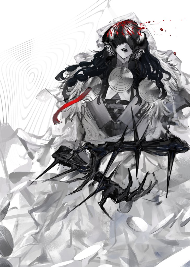 1girl, abstract_background, arknights, blindfold_mask, blood, blood_drop, braid, chest_harness, claws, colored_extremities, commentary, covered_eyes, dress, greyscale, harness, lips, lipstick, long_dress, long_hair, makeup, mask, masked, monochrome, multiple_braids, multiple_heads, parted_lips, russian_commentary, s11puha, solo, spiked_arm, spikes, spot_color, white_background, yurodstvo_(arknights)