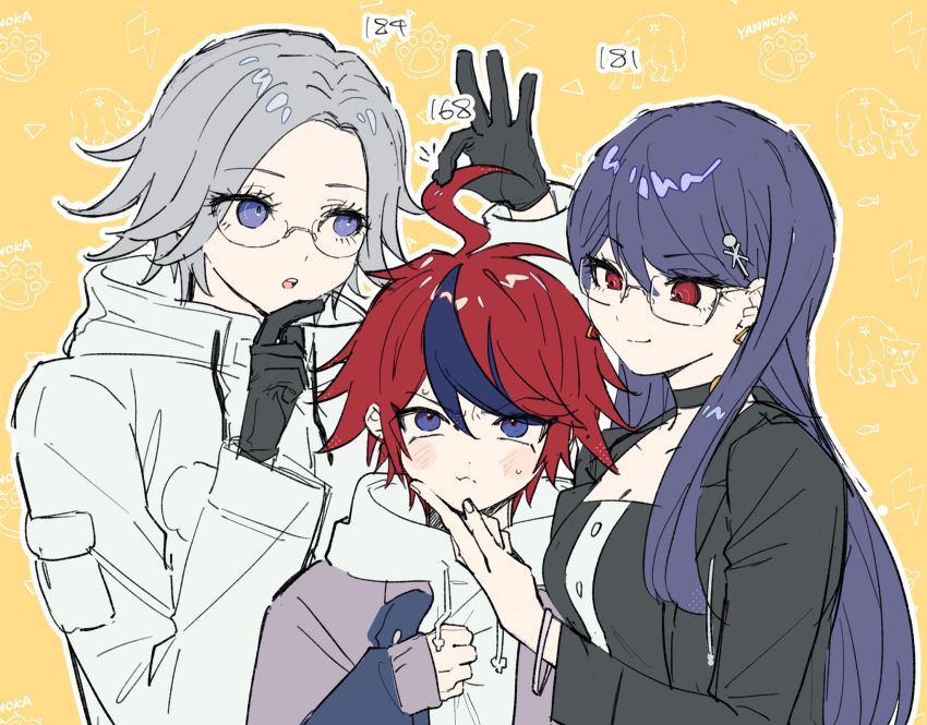 1girl, 2boys, :o, ahoge, ahoge_grab, aotsuki_eito, black_choker, black_dress, black_gloves, black_jacket, black_streaks, blue_eyes, choker, clothes_grab, commentary_request, drawstring, dress, earrings, glasses, gloves, grey_hair, grey_jacket, hair_ornament, hand_on_another's_chin, hand_on_own_chin, height, height_difference, highres, hood, hoodie, jacket, jacket_over_hoodie, jewelry, long_hair, looking_at_another, looking_at_viewer, multicolored_hair, multicolored_jacket, multiple_boys, open_clothes, open_jacket, outline, pout, purple_hair, red_eyes, red_hair, sandwiched, shizuhara_hiruko, short_hair, sieg_gs, sleeve_pouch, smirk, streaked_hair, sumino_takumi, sweat, the_hundred_line_-last_defense_academy-, two-tone_jacket, violet_eyes, white_hoodie, white_jacket, white_outline, yellow_background