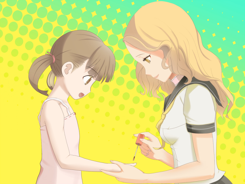 age_difference, battlegaregga, blonde_hair, brown_eyes, brown_hair, choker, doujima_nanako, ebihara_ai