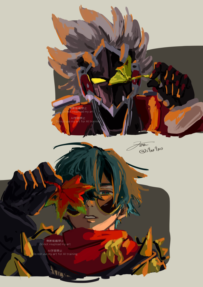 2boys, absurdres, bilingual_text, billy_kid, black_gloves, black_shirt, clothed_robot, commentary_request