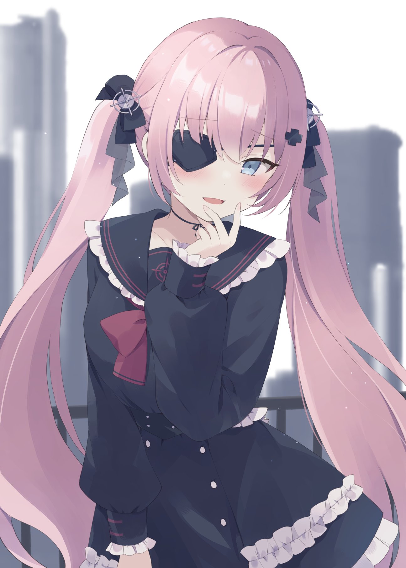 1girl, anis_bennett, black_bow, black_sailor_collar, black_shirt, black_skirt, blue_eyes, bow, bowtie, eyepatch, hair_bow, hair_ornament, hand_on_own_chin, highres, long_hair, looking_at_viewer, loveyuzu, muv-luv, muv-luv_girls_garden, one_eye_covered, open_mouth, pink_hair, railing, red_bow, red_bowtie, sailor_collar, shirt, skirt, solo