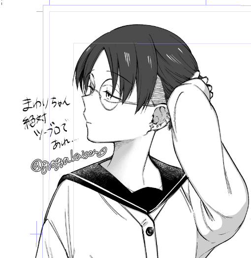 1girl, cardigan, closed_mouth, commentary_request, ear_piercing, earrings, futsuu_no_keion-bu, glasses, greyscale, gyogyo_kasien, hand_up, jewelry, monochrome, nikaidou_mawari, parted_bangs, piercing, round_eyewear, sailor_collar, school_uniform, short_hair, solo, translation_request, twitter_username, undercut, upper_body