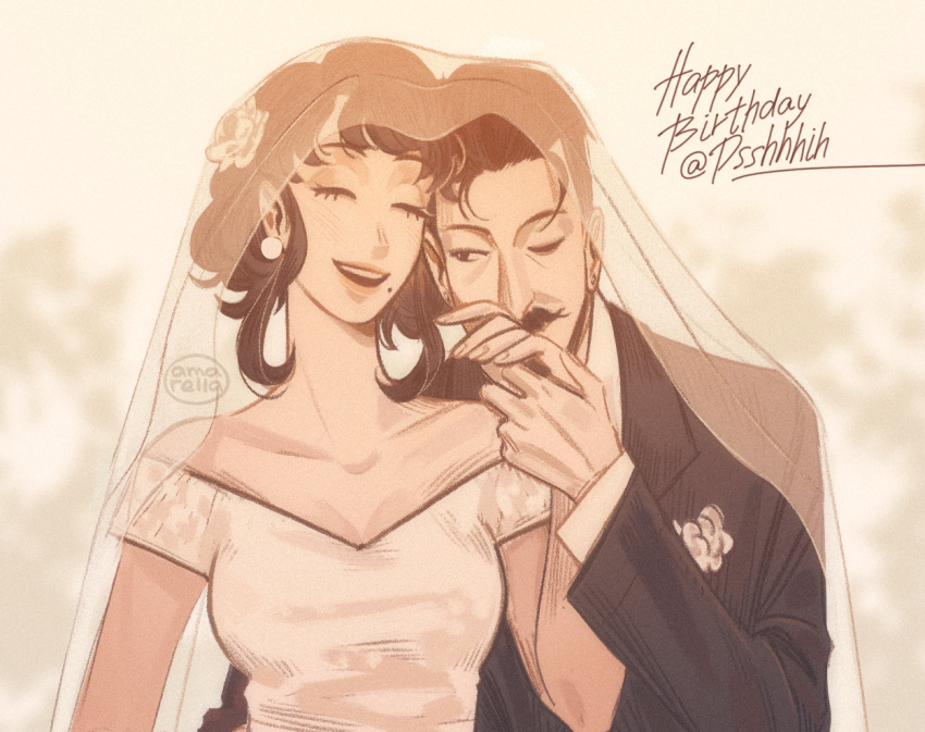 1boy, 1girl, aged_down, amamamumu, artist_name, bare_shoulders, black_suit, closed_eyes, commission, day, donovan_desmond, dress, earrings, eyelashes, facial_hair, happy_birthday, hetero, holding_hands, jewelry, melinda_desmond, mole, mole_under_mouth, mustache, one_eye_closed, outdoors, short_hair, sidelocks, spy_x_family, stud_earrings, suit, veil, wedding, white_dress