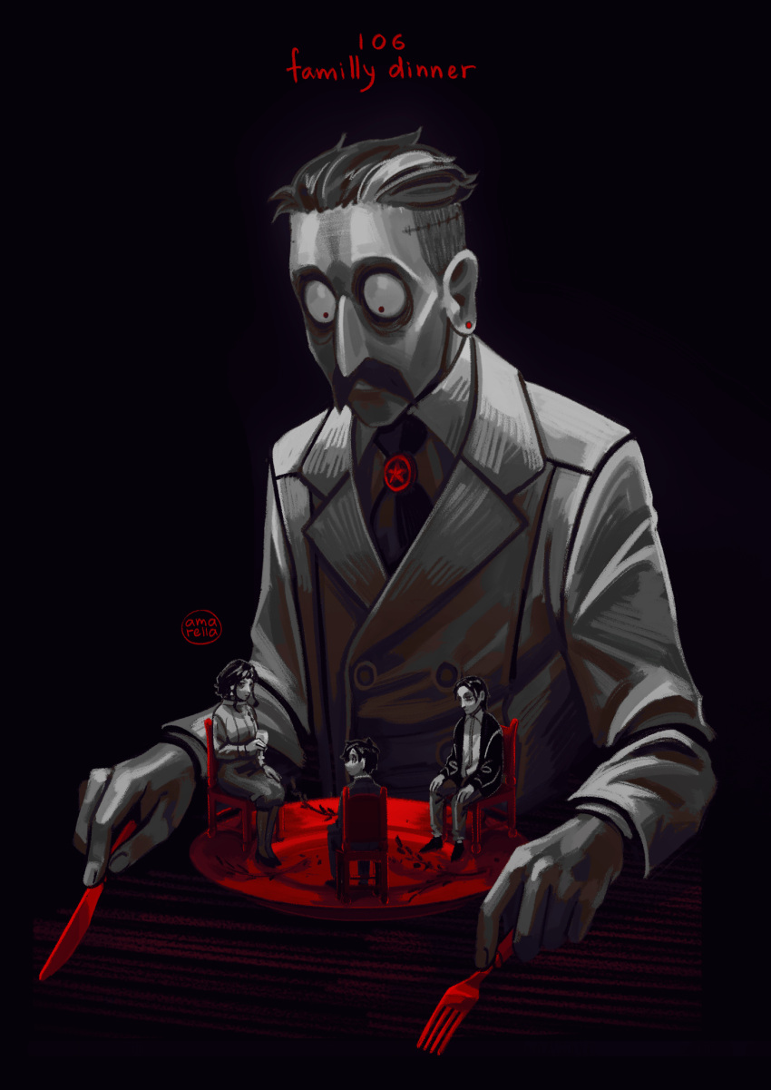 1girl, 3boys, amamamumu, artist_name, ascot, black_background, chair, cup, damian_desmond, demetrius_desmond, donovan_desmond, earrings, facial_hair, family, fork, hair_slicked_back, highres, holding, holding_cup, holding_fork, holding_knife, jewelry, knife, long_sleeves, melinda_desmond, multicolored_hair, multiple_boys, mustache, plate, sitting, spy_x_family, streaked_hair, stud_earrings, suit
