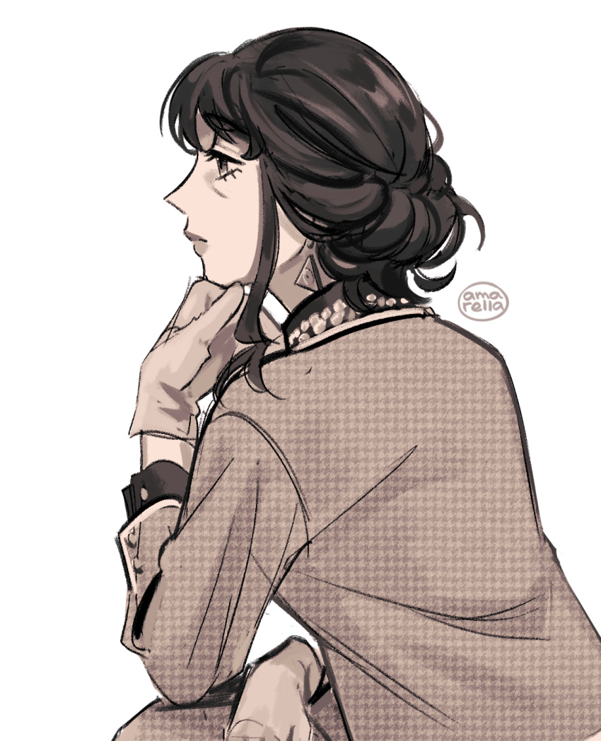 1girl, amamamumu, artist_name, black_hair, brown_eyes, earrings, gloves, highres