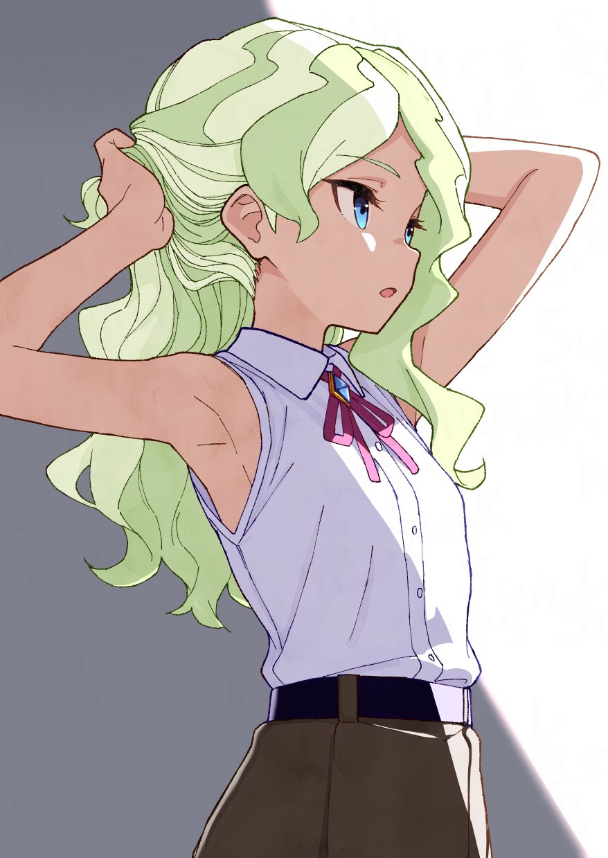 1girl, adjusting_hair, belt, blonde_hair, blue_eyes, diana_cavendish, highres, hues_sunk
