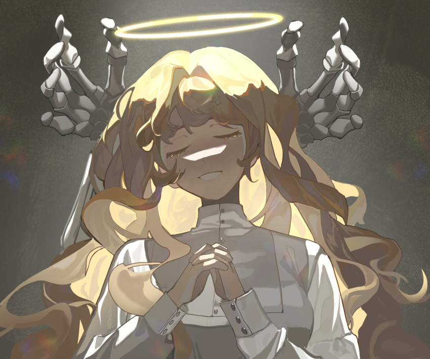 1girl, 1other, blonde_hair, closed_eyes, curtained_hair, double-parted_bangs, glowing, glowing_hair