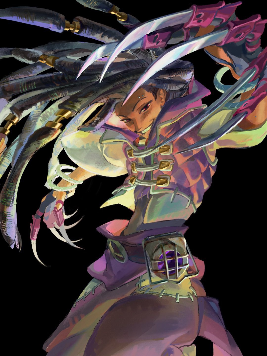 1boy, arm_up, belt, black_background, black_belt, black_hair, claws, cowboy_shot
