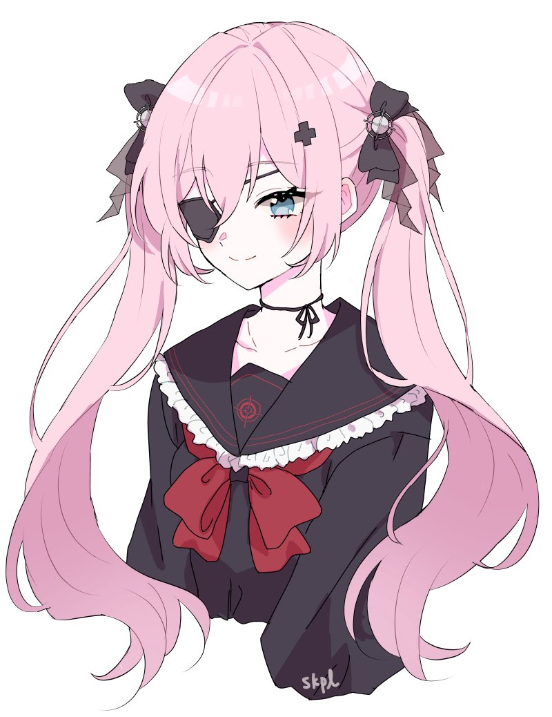 1girl, anis_bennett, black_bow, black_sailor_collar, black_shirt, blue_eyes, bow, bowtie