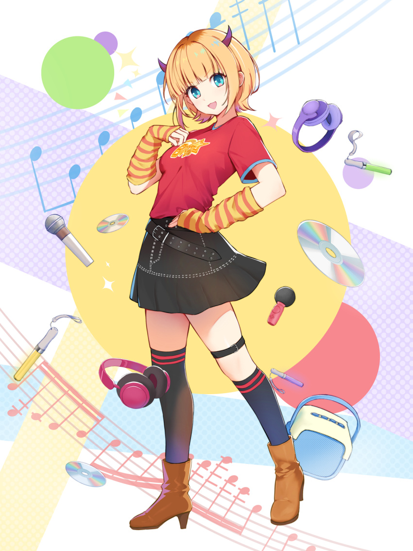 1girl, akirakzq, aqua_eyes, black_skirt, black_thighhighs, blonde_hair, blush, breasts, brown_shoes, cd, demon_horns, fake_horns, headphones, high_heels, highres, horns, looking_at_viewer, medium_hair, memcho, microphone, multicolored_hair, open_mouth, oshi_no_ko, red_shirt, roots_(hair), shirt, shoes, short_hair, skirt, smile, solo, striped_sleeves, thigh-highs, thigh_strap, yellow_sleeves