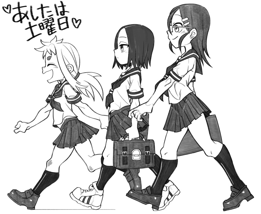3girls, briefcase, closed_eyes, closed_mouth, from_side, full_body, greyscale, heart
