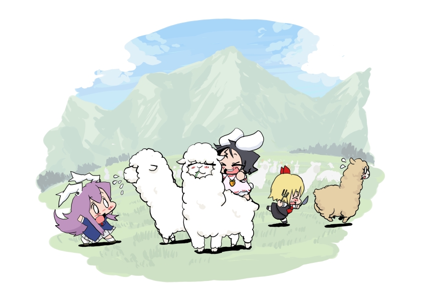 alpaca, animal, animal_ears, baku_taso, black_hair, blonde_hair, bunny_ears, chasing