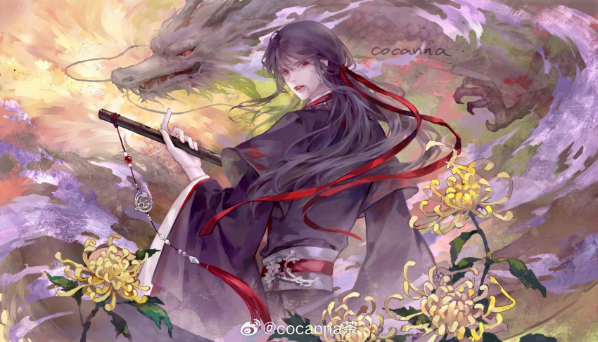 1boy, artist_name, aura, black_hair, black_hanfu, blood, blood_on_face, chenqing_flute