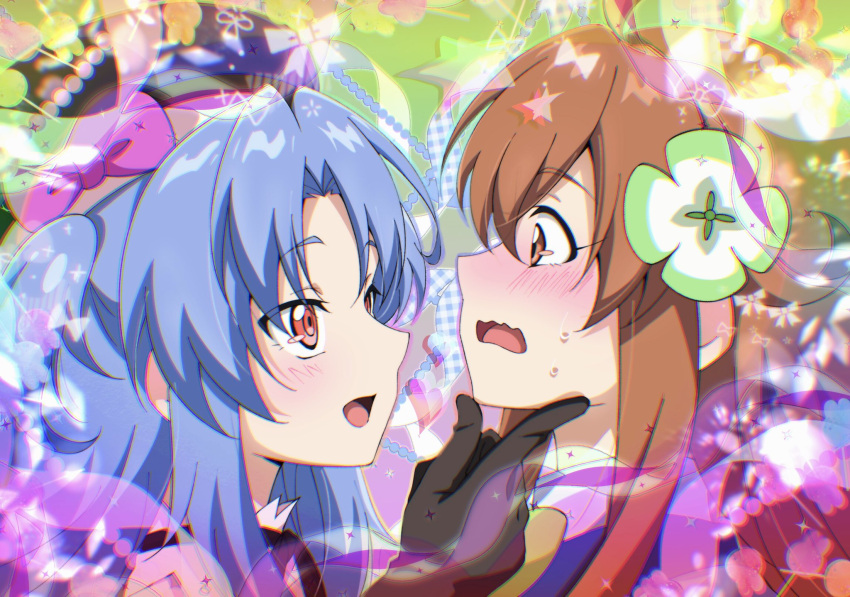 2girls, amamiya_mimori, anime_coloring, blue_hair, blush, bow, brown_eyes, brown_gloves
