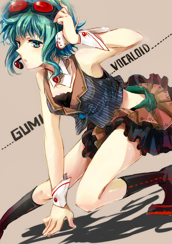 boots, goggles, goggles_on_head, green_eyes, green_hair, gumi, headphones, headset