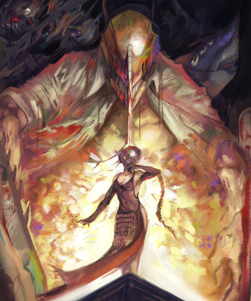 1boy, 1girl, abyssmalenia, alternate_form, apron, black_apron, bomb, bomb_devil_(chainsaw_man)