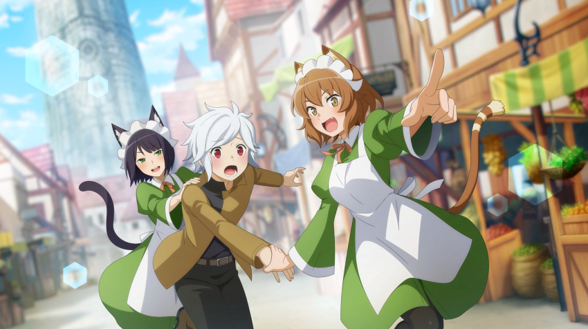 1boy, 2girls, :d, animal_ear_fluff, animal_ears, anime_coloring, anya_fromel, apron