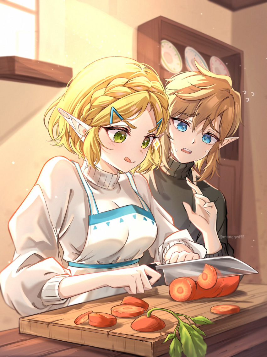 1boy, 1girl, alternate_costume, apron, black_sweater, blonde_hair, blue_eyes, braid